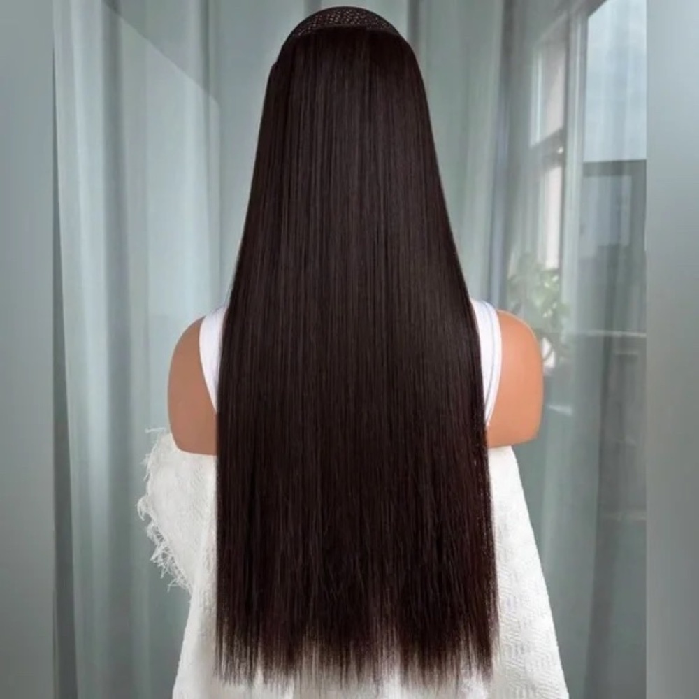 Human Hair Blend Clip-In Extensions | Long Straight Silky Hair | Dark Brown #3